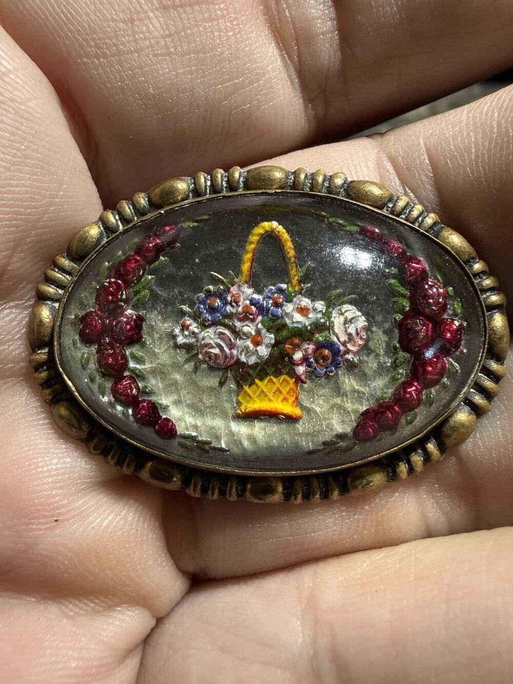 Victorian Domed Glass Reverse Painted Flower Basket Brooch